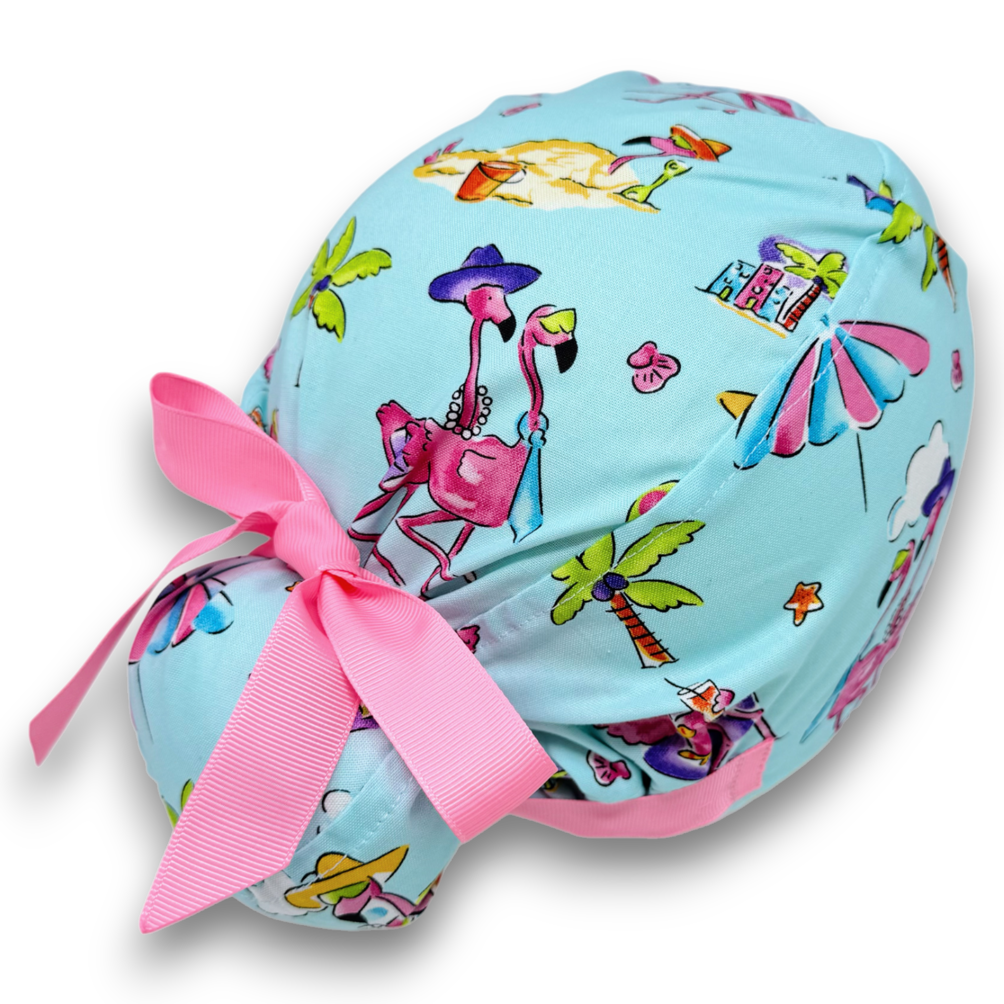 Flamingo Euro scrub cap with ties for Women by Paradise Caps. Euro PLUS style.
