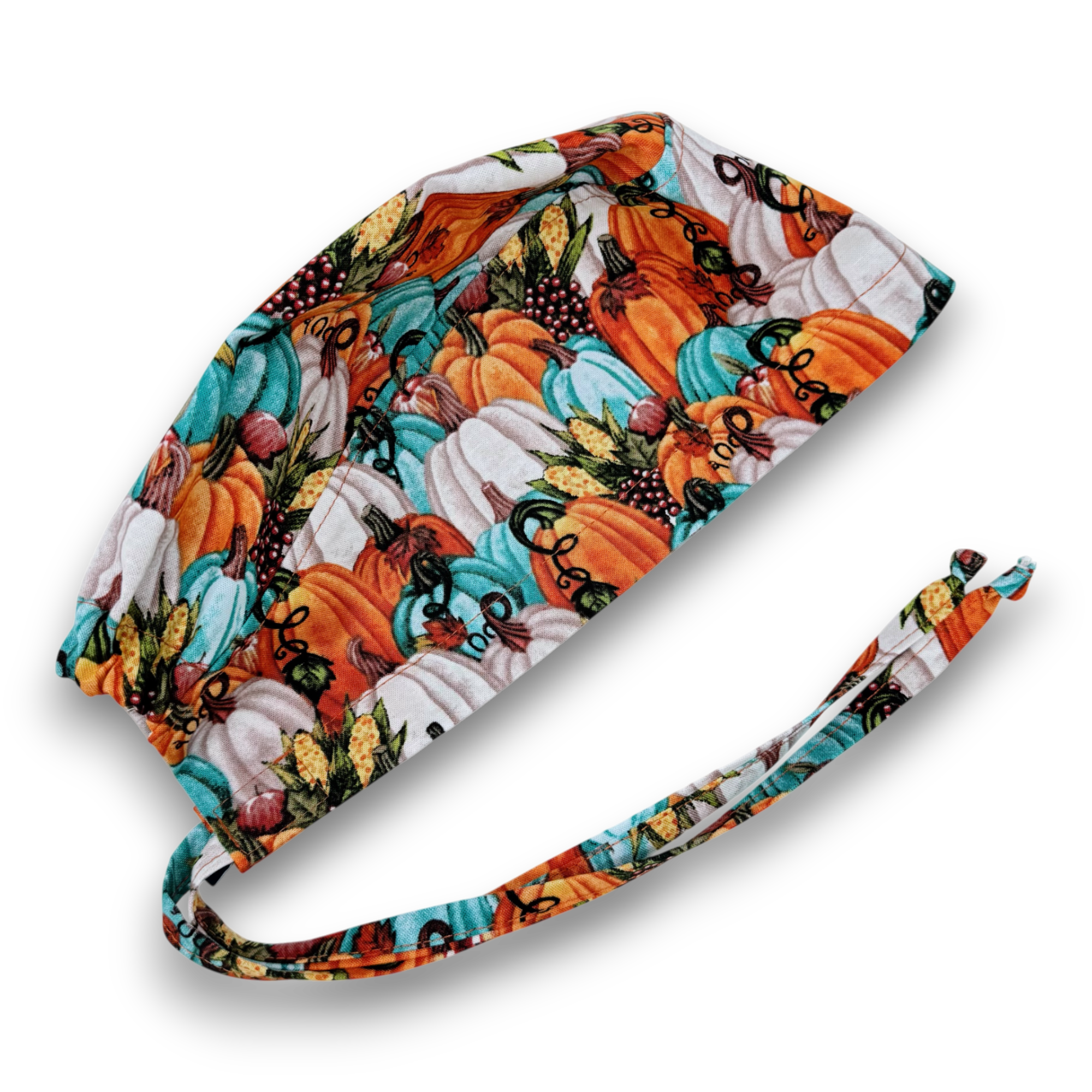 Thanksgiving Pumpkin Skull tie-back style surgical scrub cap for men by Paradise Caps.