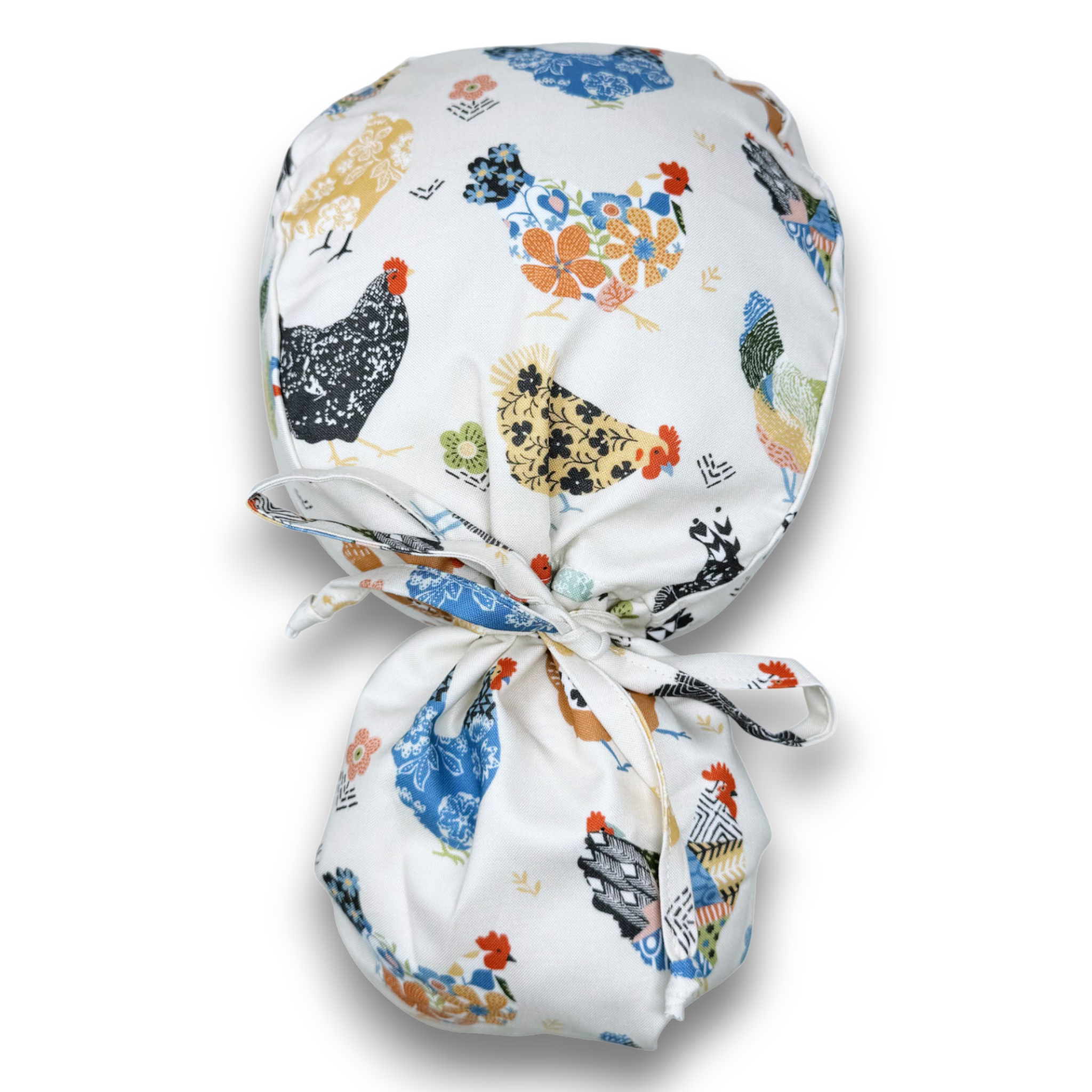Chickens on ivory Ponytail scrub cap for women with satin lined option by Paradise Caps.