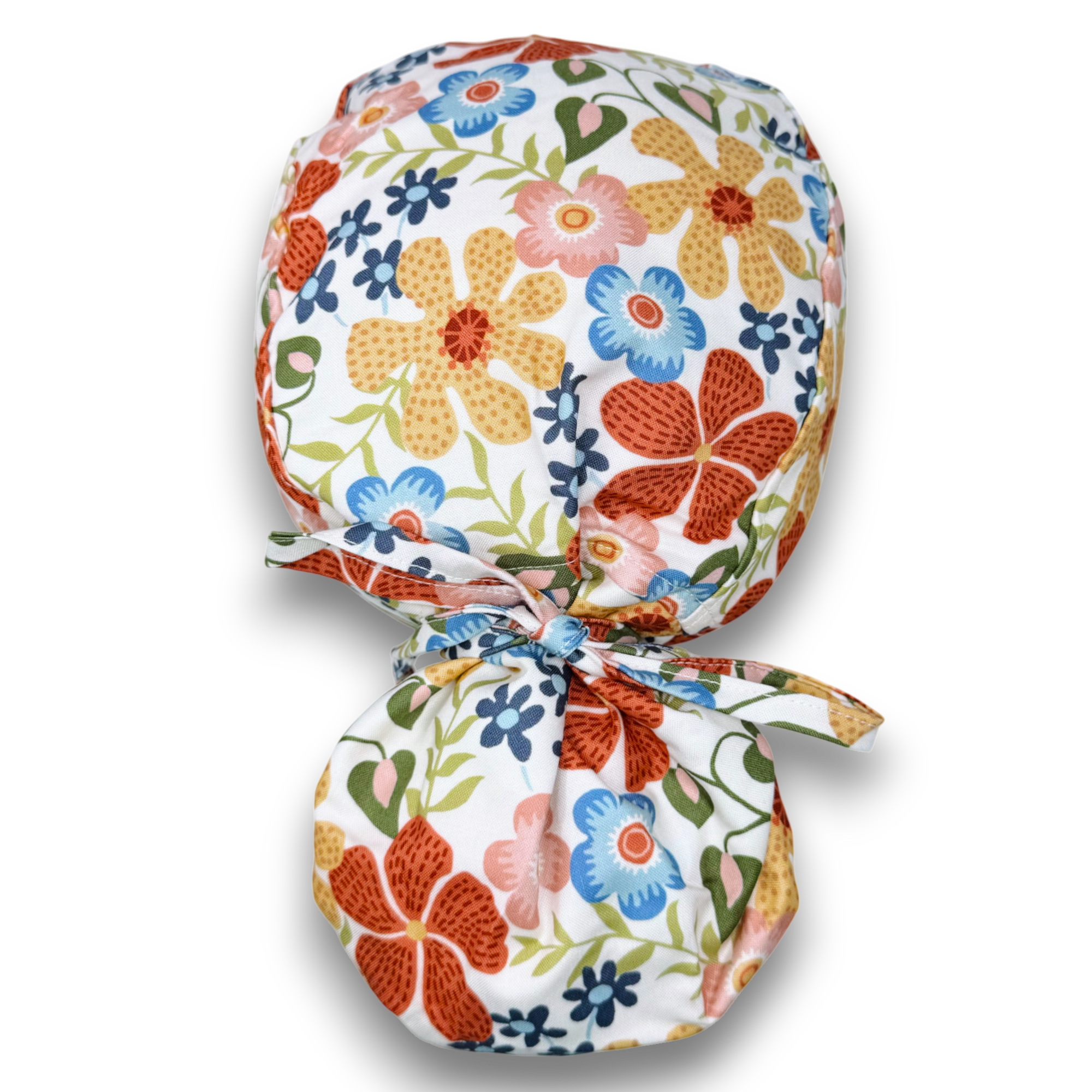 Retro Floral Ponytail scrub cap for women with satin lined option by Paradise Caps.