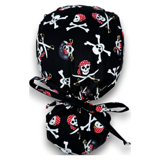 Halloween Ponytail scrub cap for women with Satin Lined option. Pirate Scrub hat for women by Paradise Caps.