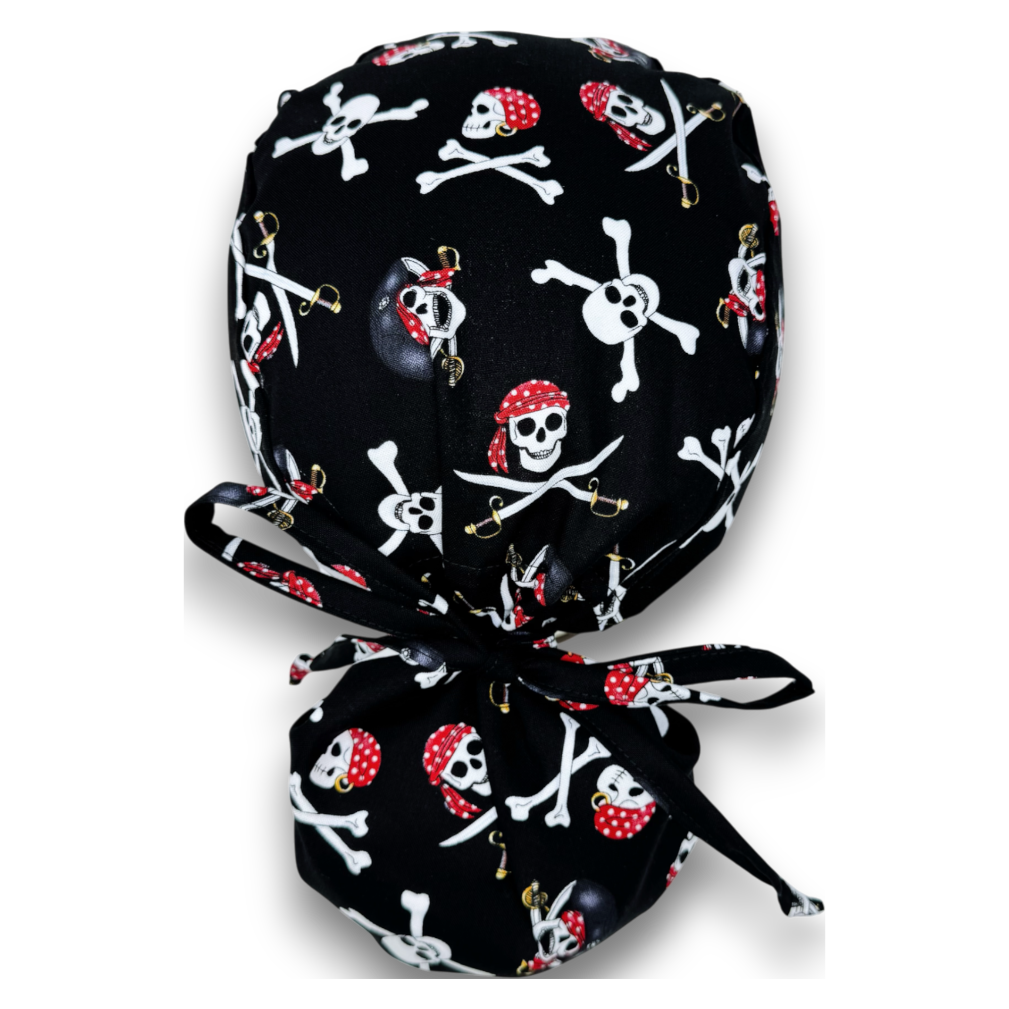 Halloween Ponytail scrub cap for women with Satin Lined option. Pirate Scrub hat for women by Paradise Caps.