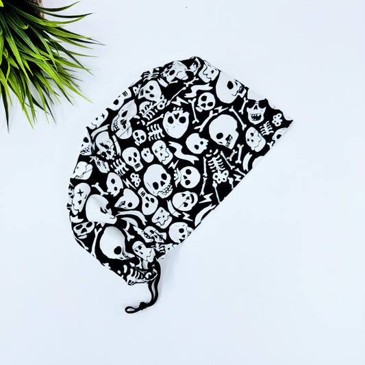 Glow Tossed Skulls Euro Scrub Cap for Women, Halloween Surgical cap Satin Lined Option