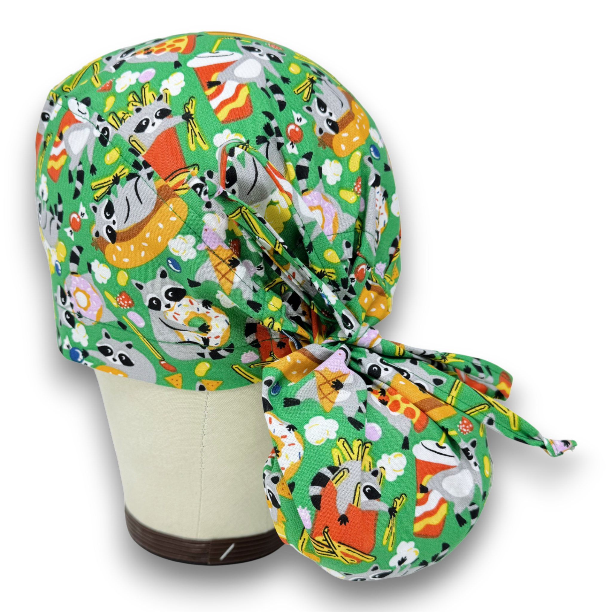Raccoon Ponytail scrub cap for women with satin lined option by Paradise Caps.