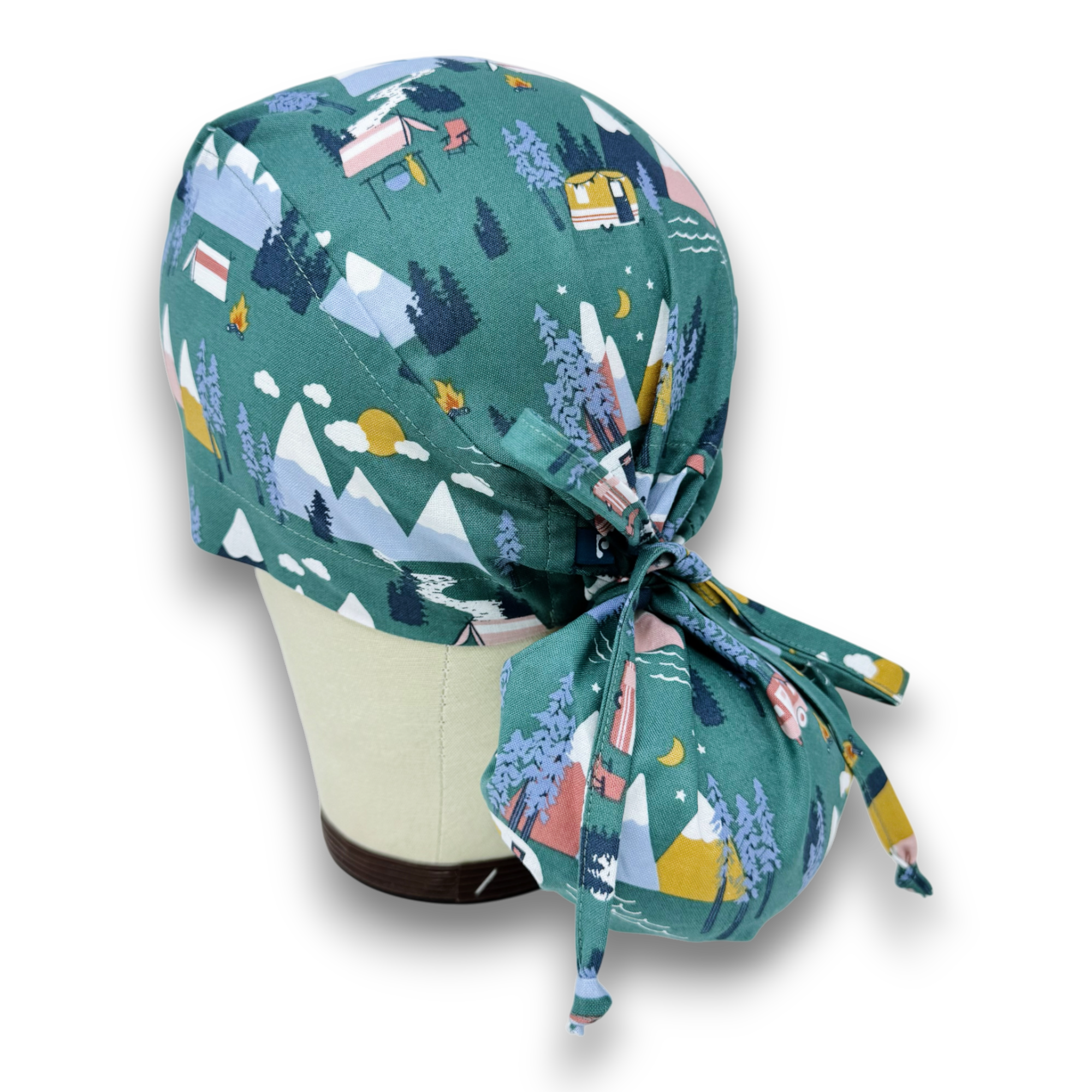 Camping Ponytail scrub cap for women with satin lined option by Paradise Caps.
