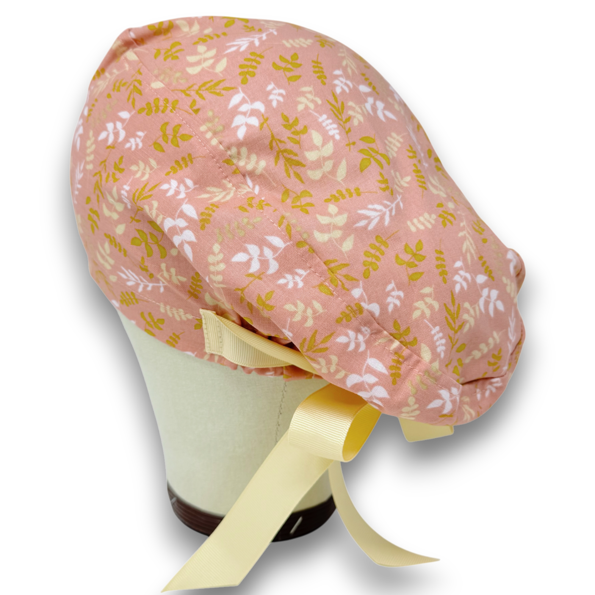 Coral leaves Euro scrub cap with ties for Women by Paradise Caps. Euro PLUS style.