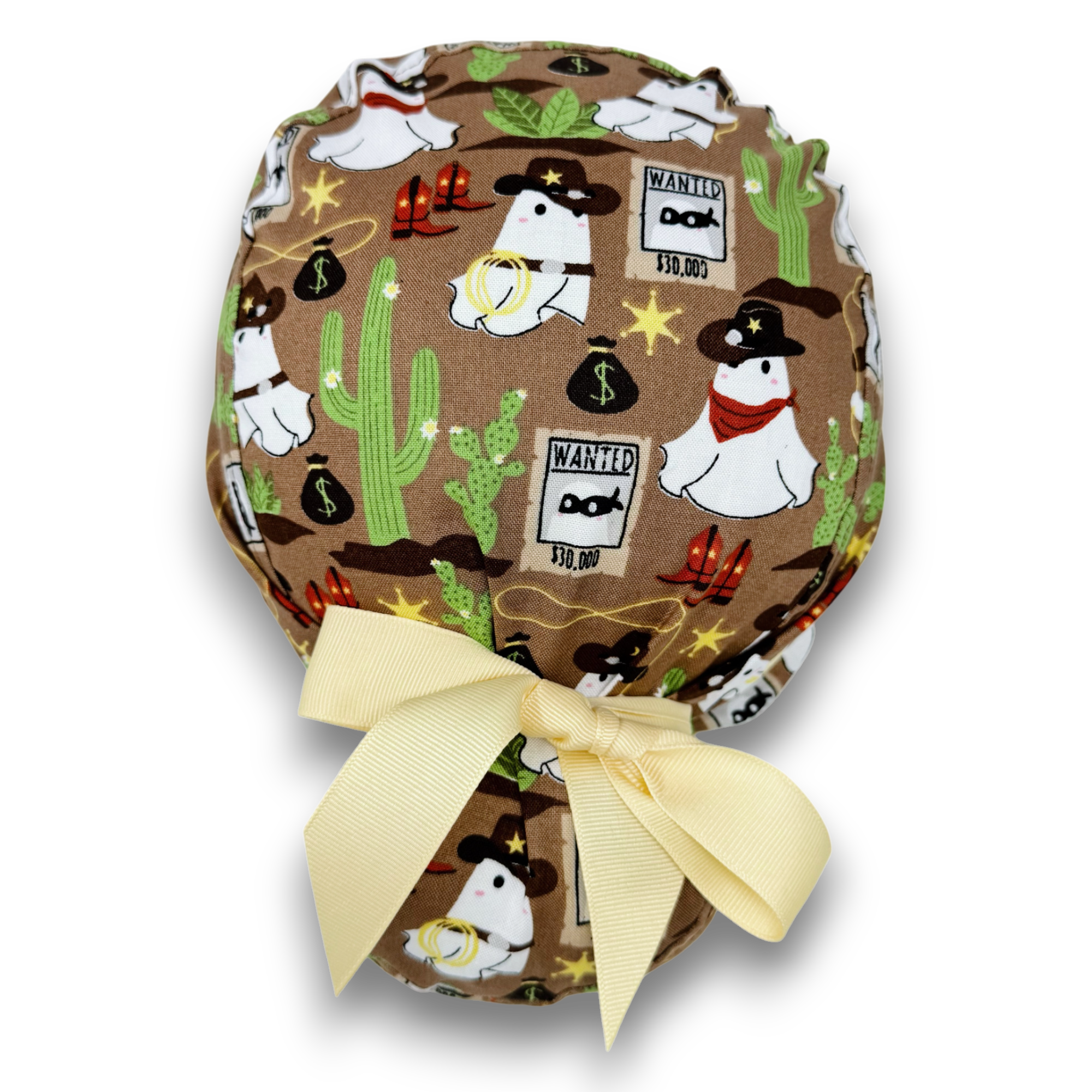 Cowboy Boo Euro scrub cap with ties for Women, Halloween European Surgical cap with Satin Lined Option by Paradise Caps. Euro PLUS style.