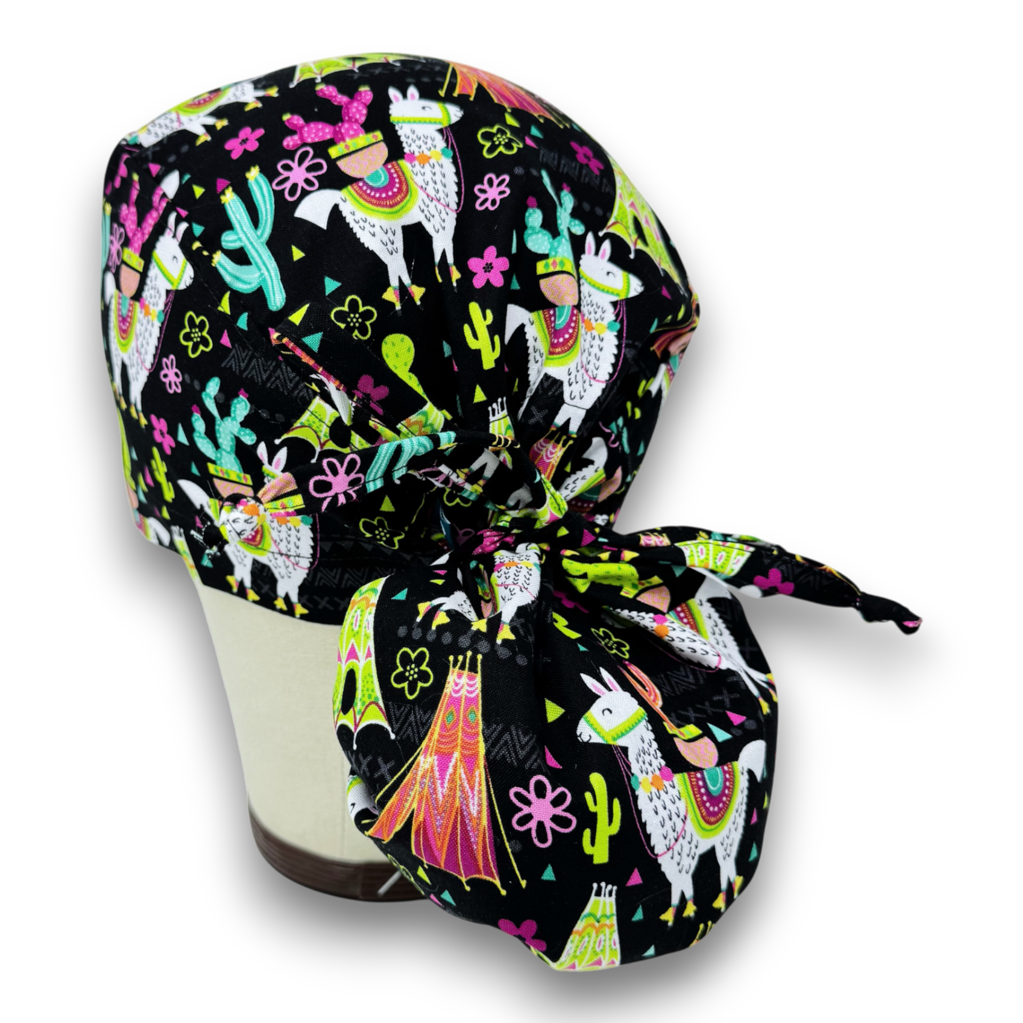 Llama Ponytail scrub cap for women with satin lined option by Paradise Caps.