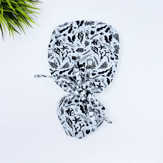 Sea life Ponytail scrub cap, Surgical cap women. Satin Lined Option Surgical cap with ponytail, Scrub caps for women.