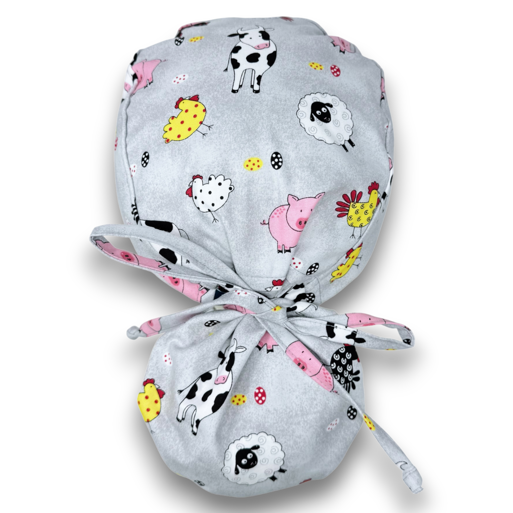 Farm Ponytail scrub cap for women. Cow Satin Lined Option Surgical cap with ponytail by Paradise Caps.