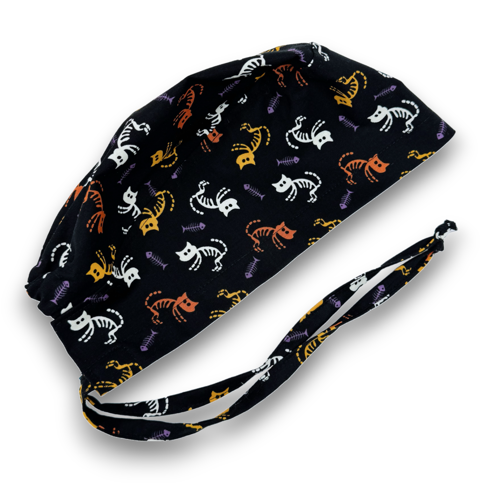 Skeleton Cat Skull tie-back style surgical scrub cap for men by Paradise Caps.