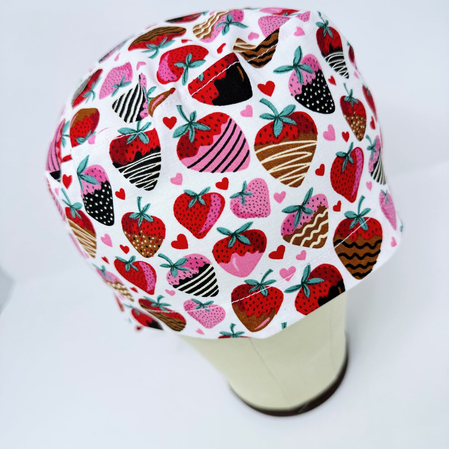 Strawberry Euro Scrub Cap for Women, Valentine's day Surgical hat with Satin Lined Option by Paradise Caps.