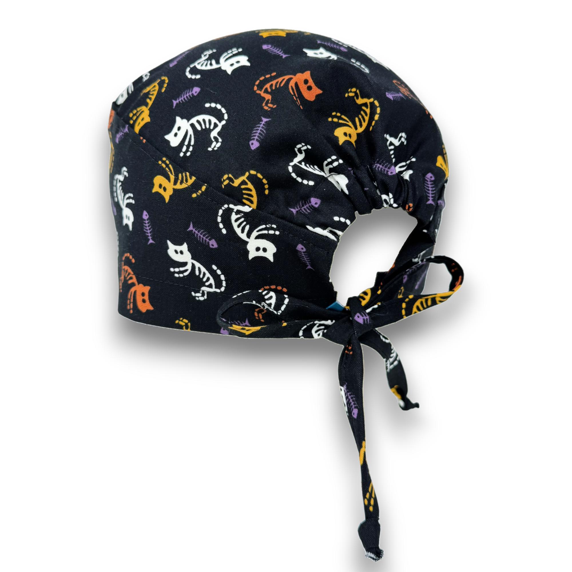 Skeleton Cat Skull tie-back style surgical scrub cap for men by Paradise Caps.