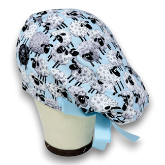 Euro scrub cap with ties for Women. Sheep European Surgical cap with Satin Lined Option by Paradise Caps. Euro PLUS style.