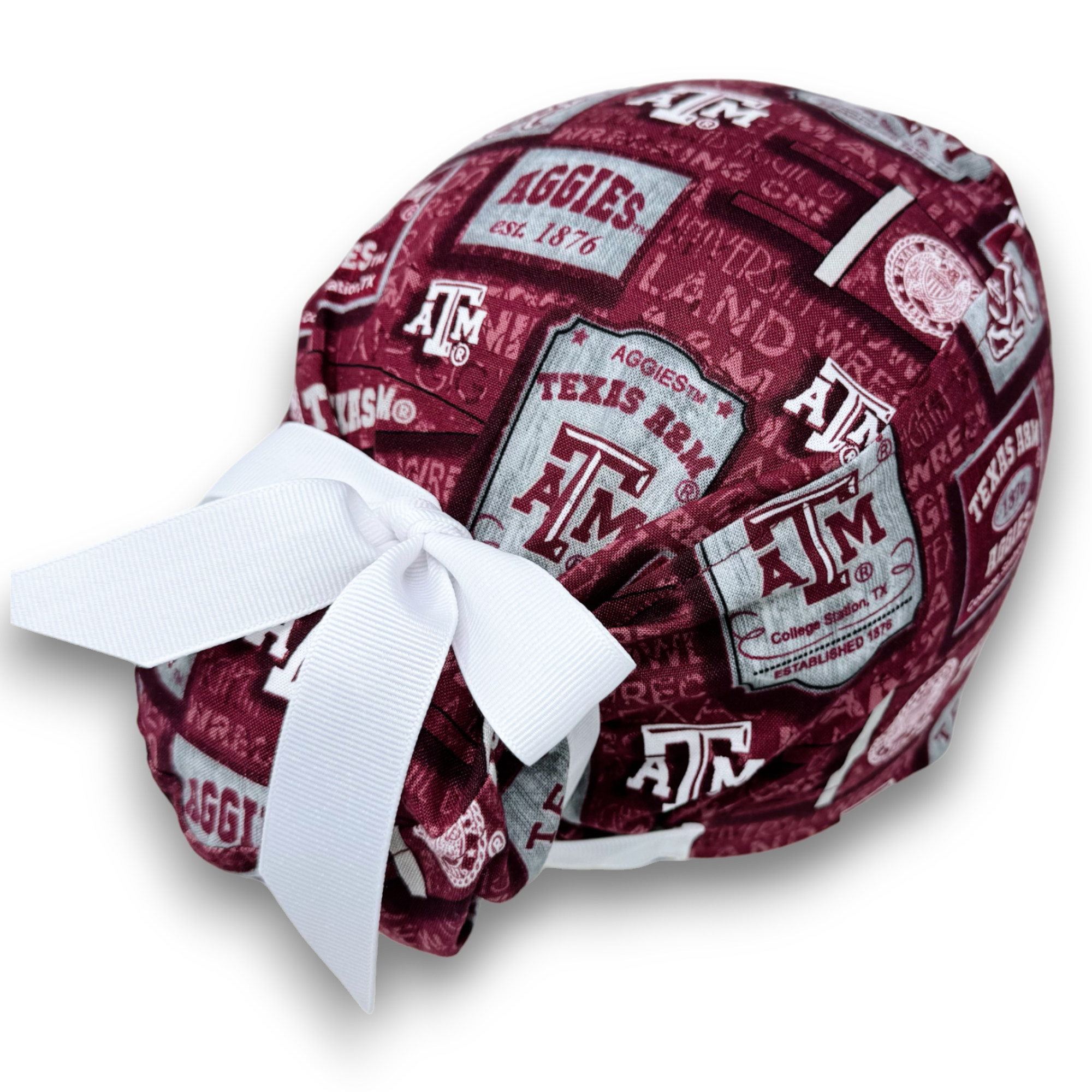 Texas A&M Euro scrub cap with ties for Women by Paradise Caps. Euro PLUS style.