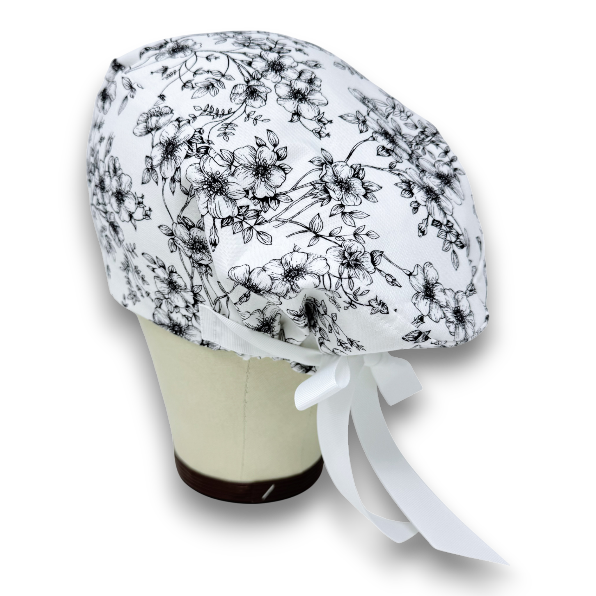 Flowers on white Euro PLUS style with ties Scrub Cap for Women, European Surgical cap with Satin Lined Option.