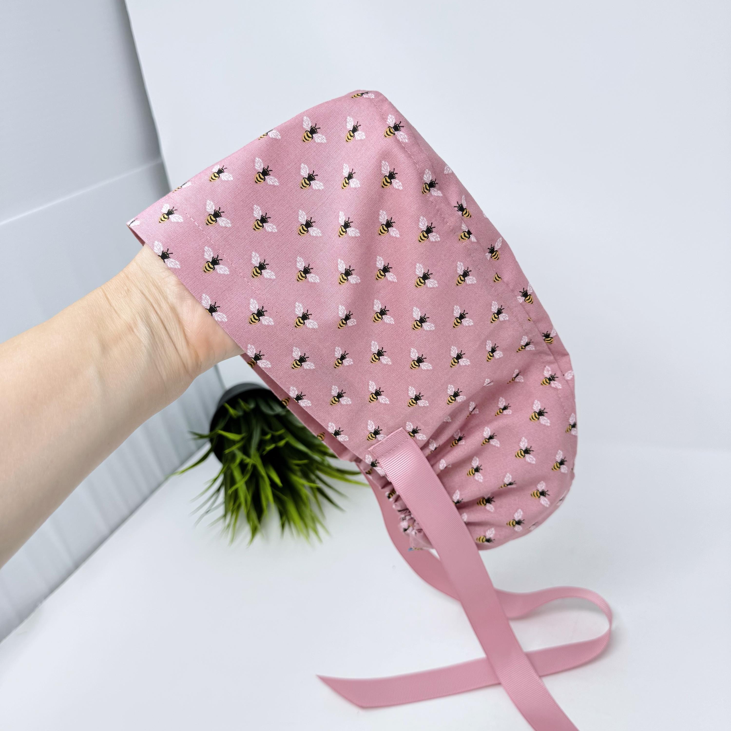 Bee Euro scrub cap with ties for Women, Pink European Surgical cap with Satin Lined Option by Paradise Caps. Euro PLUS style.