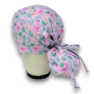 Flamingo Ponytail scrub cap for women with satin lined option by Paradise Caps.
