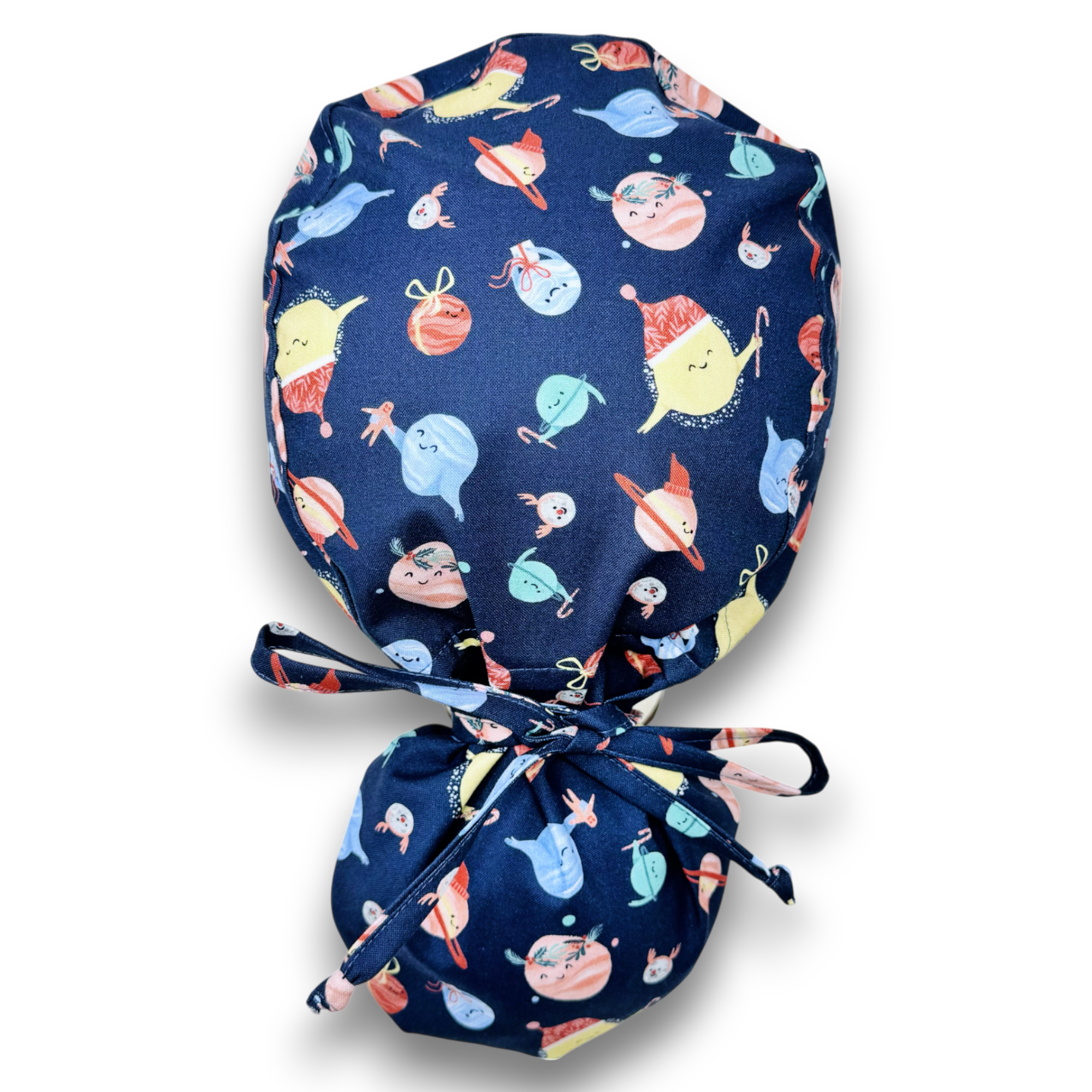Holiday planet Ponytail scrub cap for women with satin lined option by Paradise Caps.