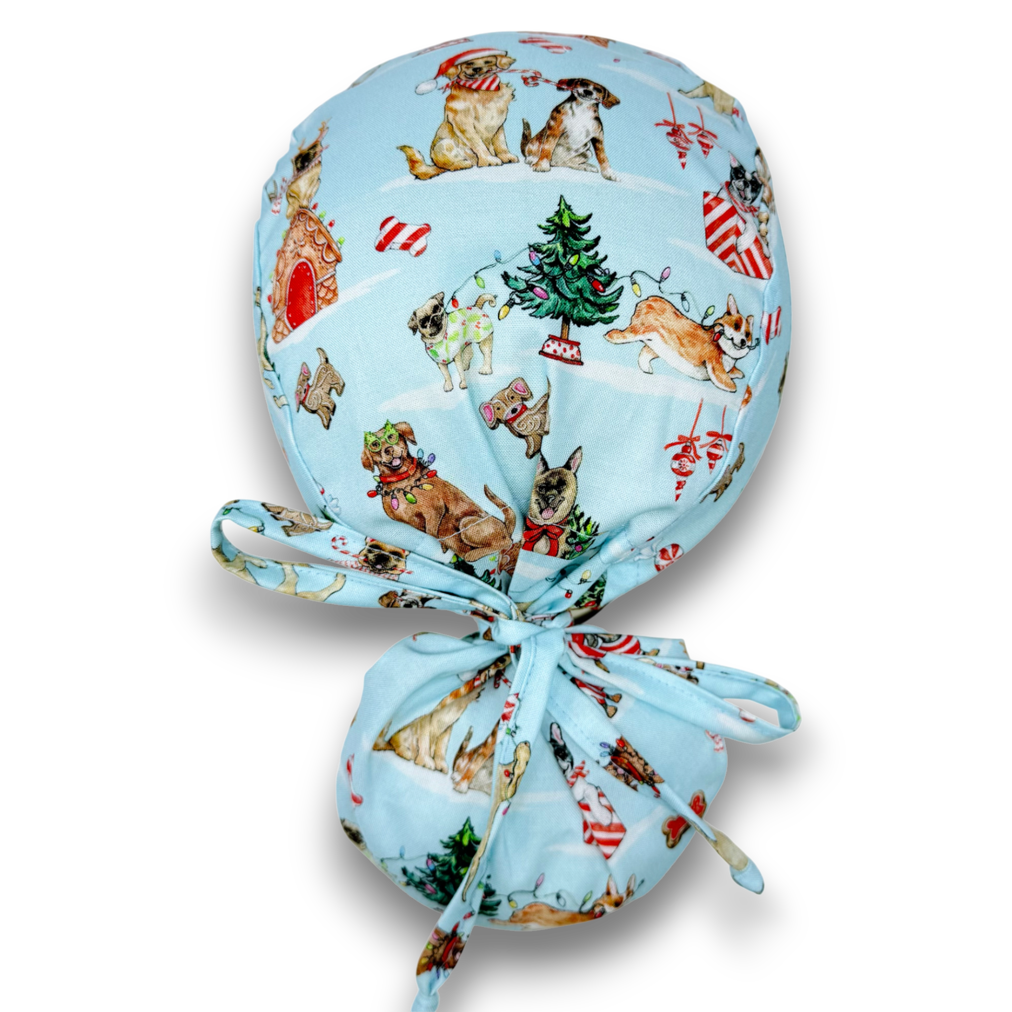 Christmas Dogs Ponytail scrub cap for women with satin lined option by Paradise Caps.