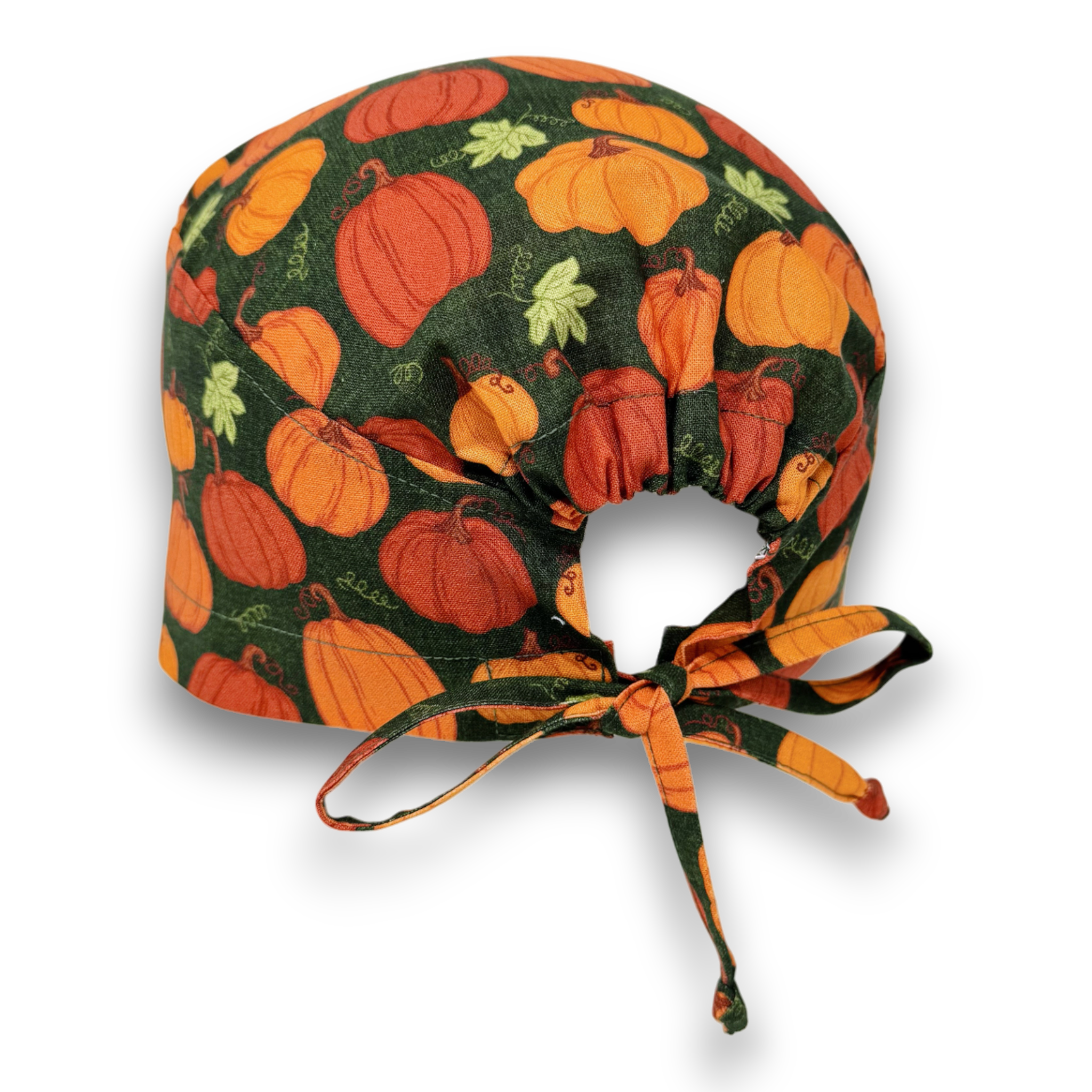 Dark Green Rustic Pumpkin Skull tie-back style surgical scrub cap for men by Paradise Caps.