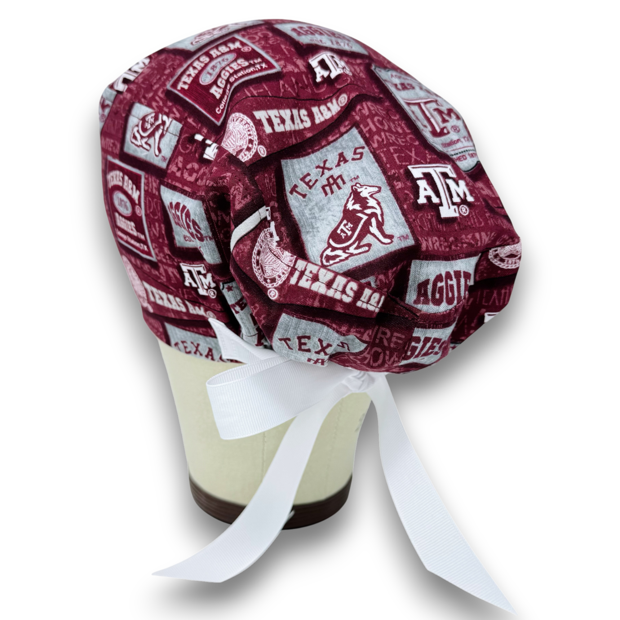 Texas A&M Euro scrub cap with ties for Women by Paradise Caps. Euro PLUS style.