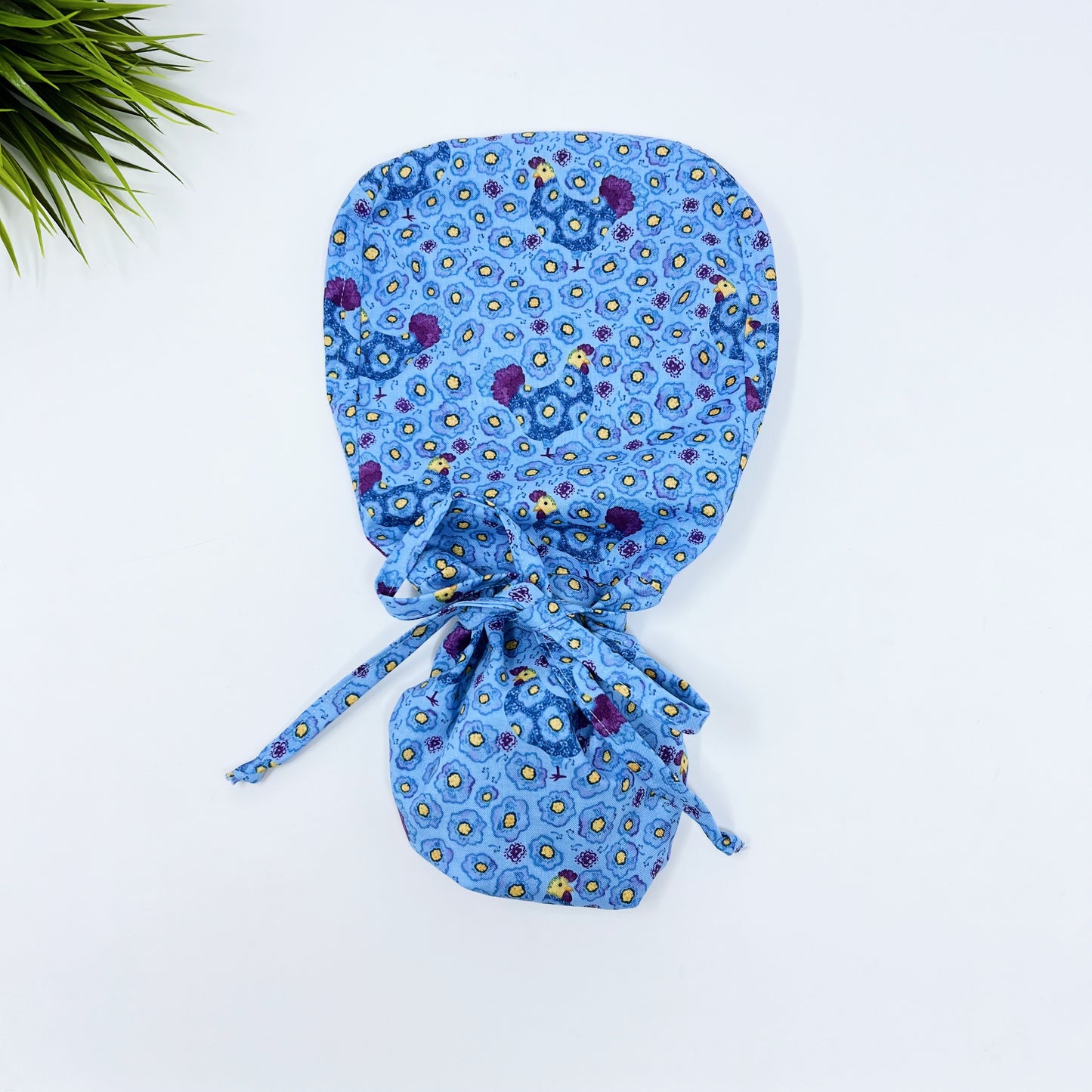 Chickens on blue Ponytail scrub cap, Surgical cap women. Satin Lined Option Surgical cap with ponytail.