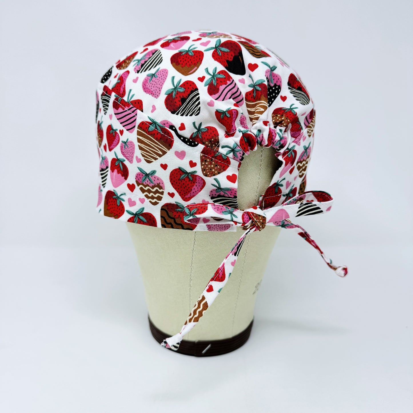 Valentine's day scrub Cap for men. Strawberry surgical hat. Men's skull tie-back style by Paradise Caps.