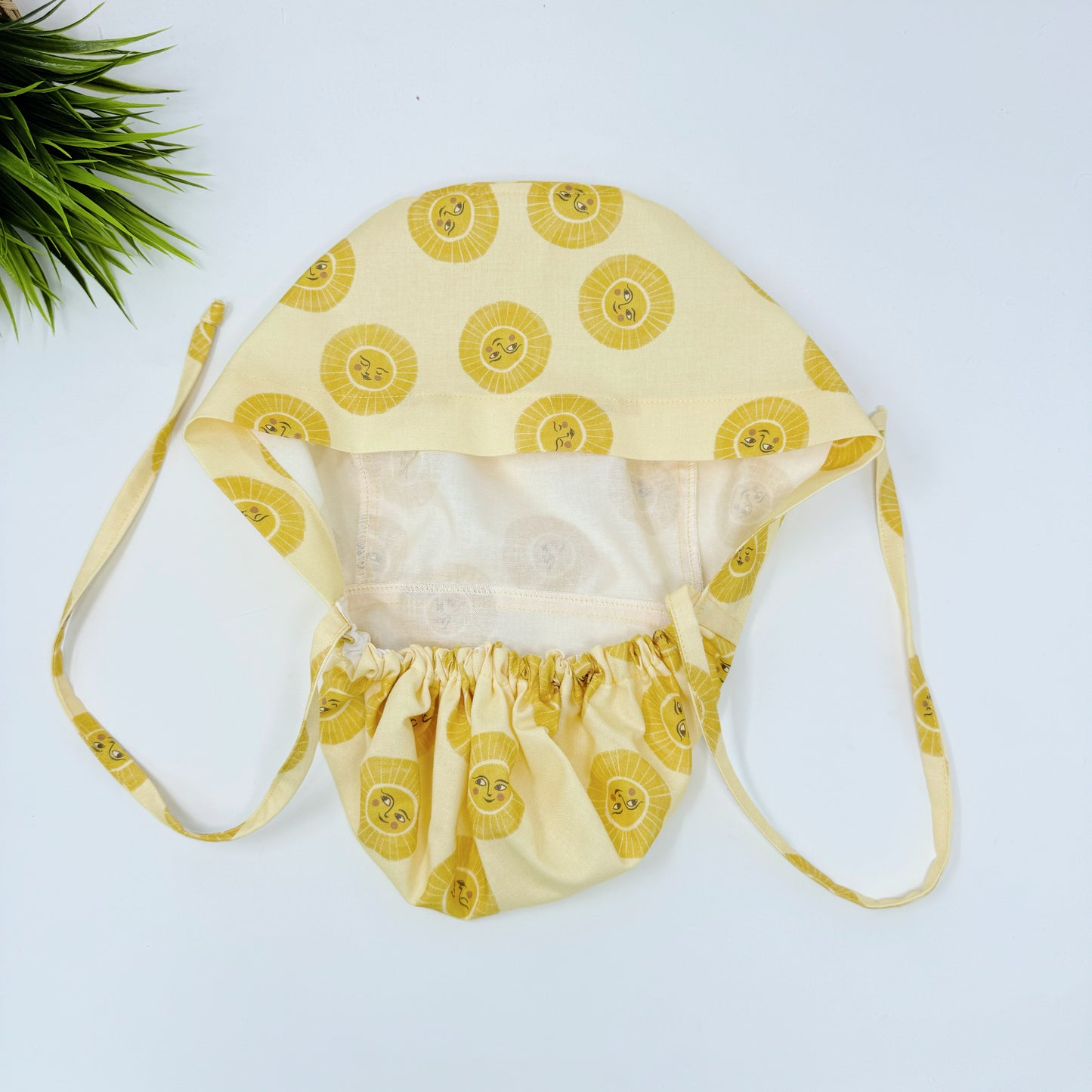 Lemon Sunshine Ponytail scrub cap, Surgical cap women. Satin Lined Option Surgical cap with ponytail.