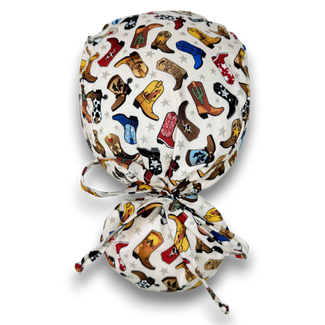 Cowboy Boots Ponytail scrub cap for women with satin lined option by Paradise Caps.