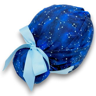 Euro scrub cap with ties for women. Constellation Blue European satin lined surgical cap by Paradise Caps. Euro PLUS style.