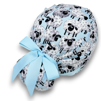 Euro scrub cap with ties for Women. Sheep European Surgical cap with Satin Lined Option by Paradise Caps. Euro PLUS style.