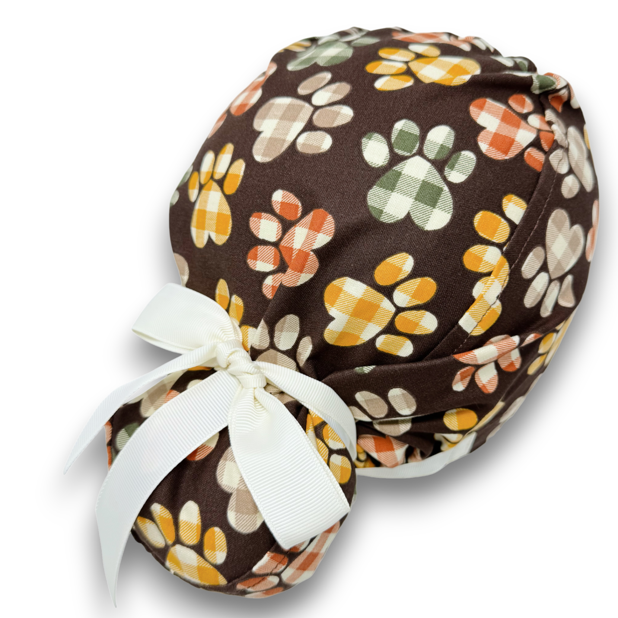 Paw Euro scrub cap with ties for Women, Fall European Surgical cap with Satin Lined Option by Paradise Caps. Thanksgiving Euro PLUS style