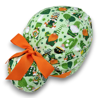 Euro scrub cap with ties for Women. St. Patrick’s Day Gnome European Surgical cap with Satin Lined option by Paradise Caps. Euro PLUS style.