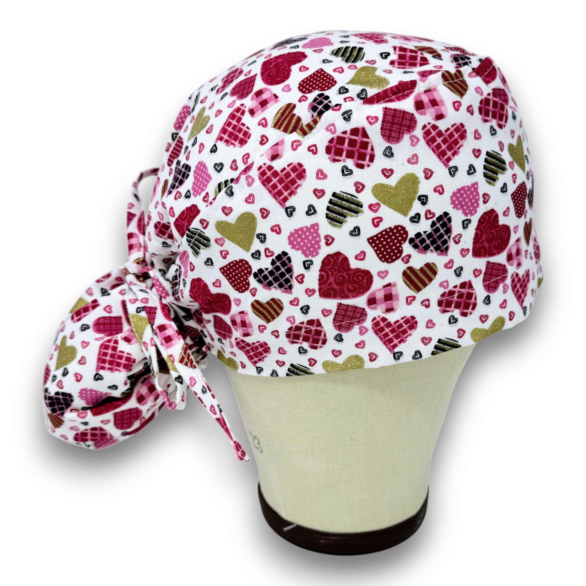 Valentine's day Ponytail scrub cap for women with satin lined option by Paradise Caps.