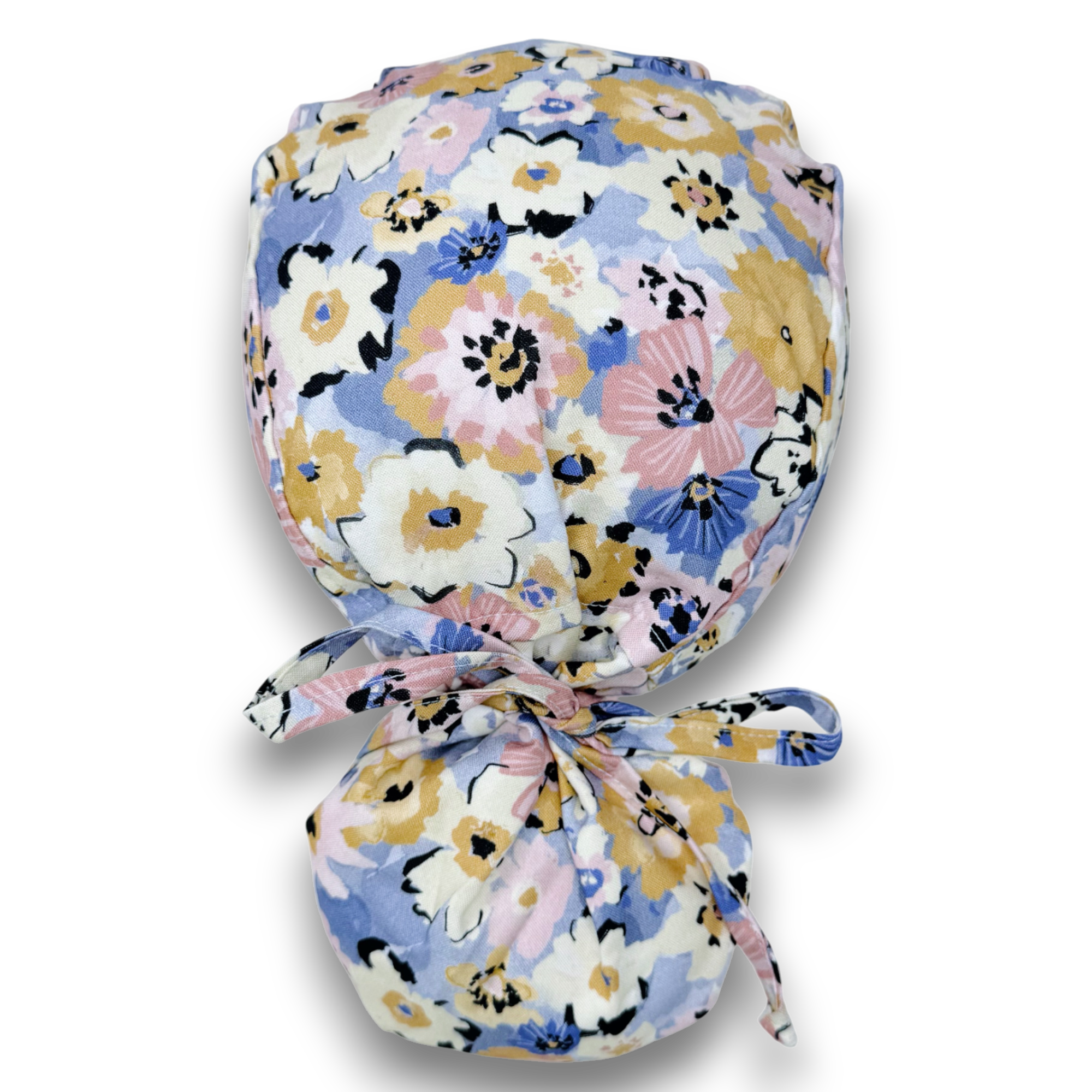 Multi Fleurs Ponytail scrub cap for women with satin lined option by Paradise Caps.