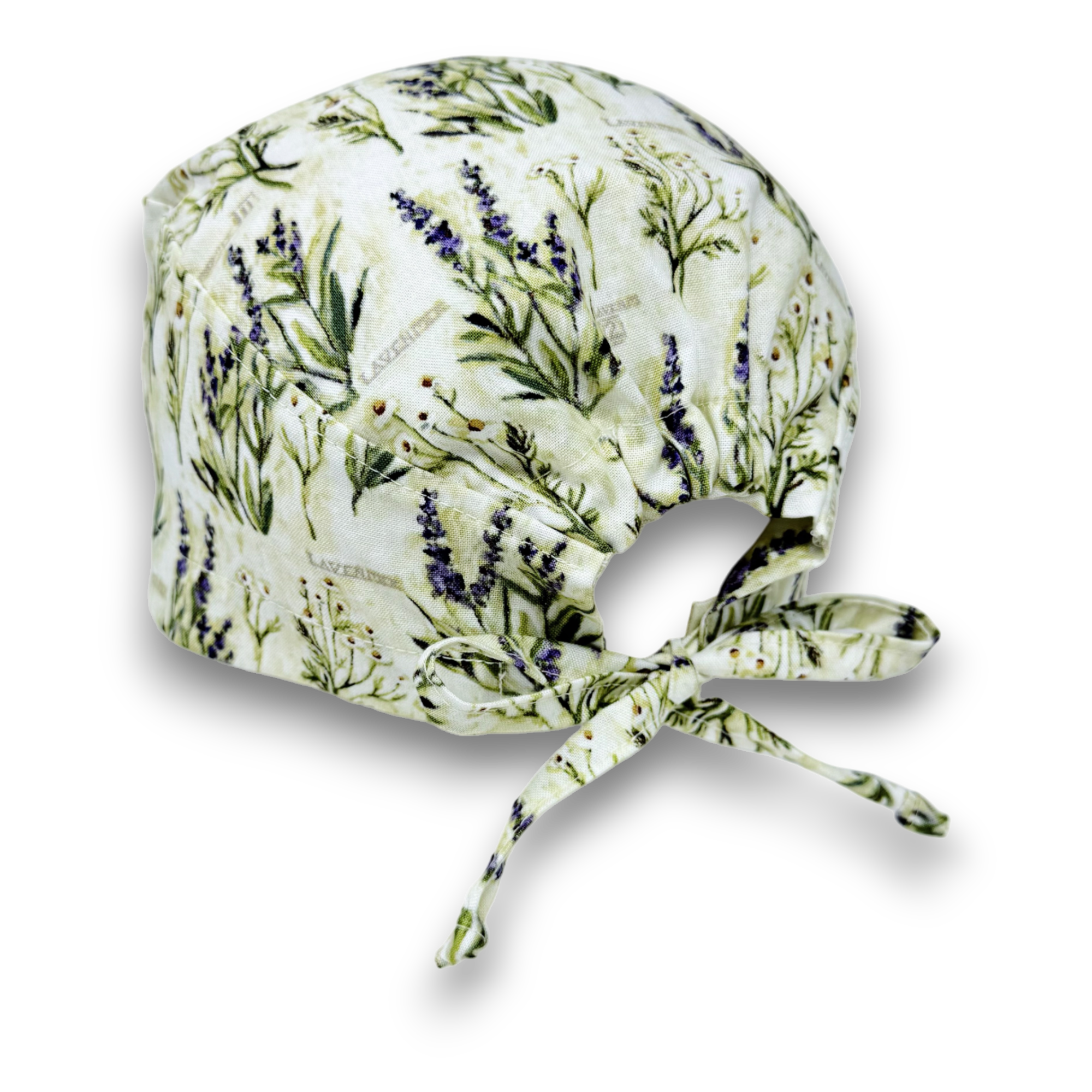 Lavender scrub cap. Skull tie-back style surgical scrub cap by Paradise Caps. Ivory.