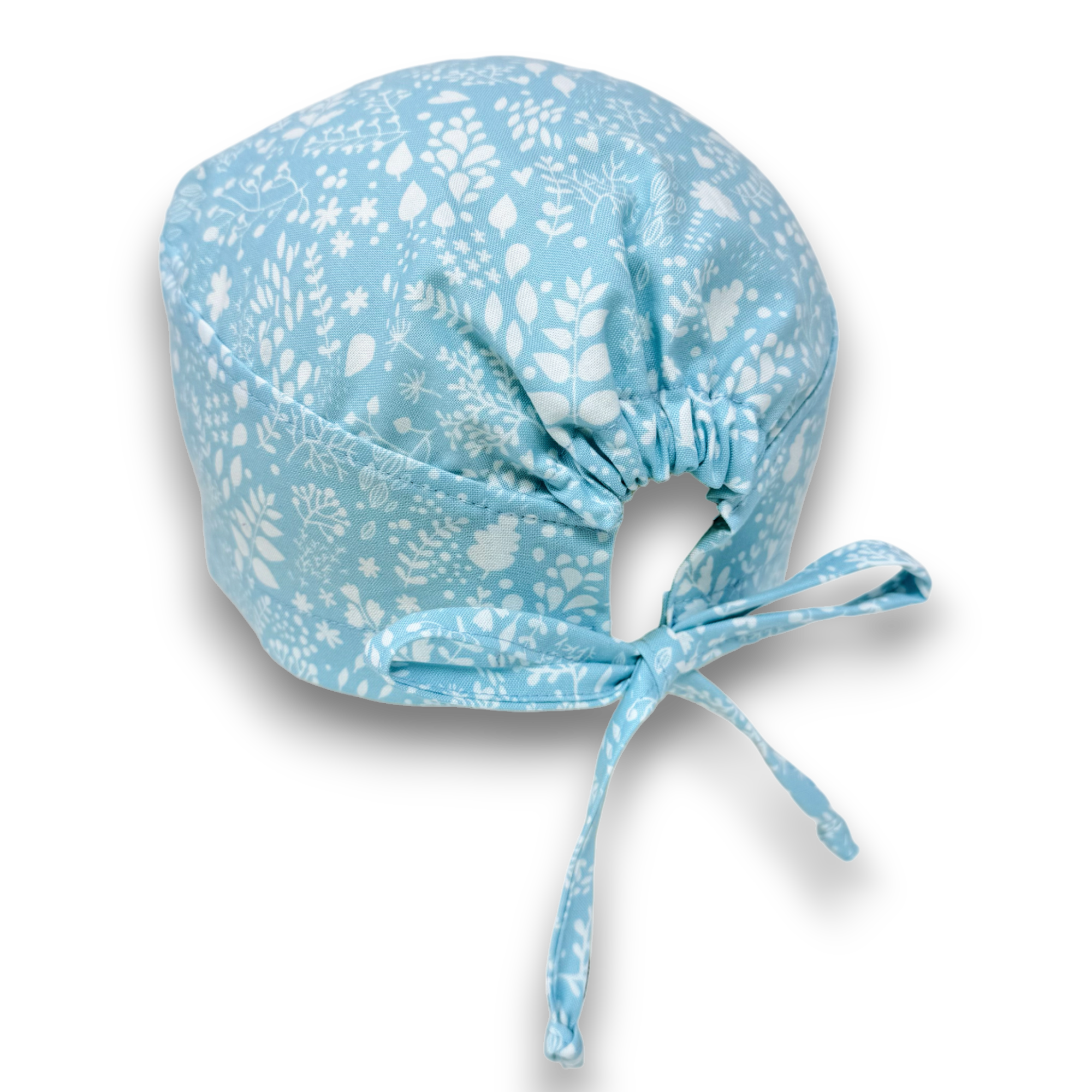 Light Blue Floral Skull tie-back style surgical scrub cap by Paradise Caps.