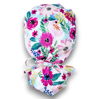 Floral Ponytail scrub cap for women with satin lined option by Paradise Caps.