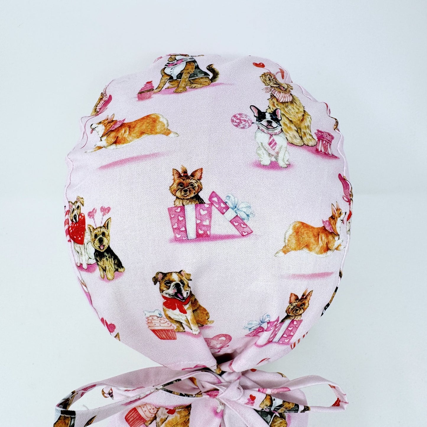 Valentine's day Ponytail scrub cap for women with Satin Lined by Paradise Caps. Dog scrub hat.