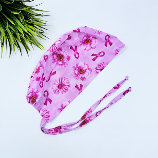 Pink Flower Ribbon regular surgical cap. Scrub caps for women and men.