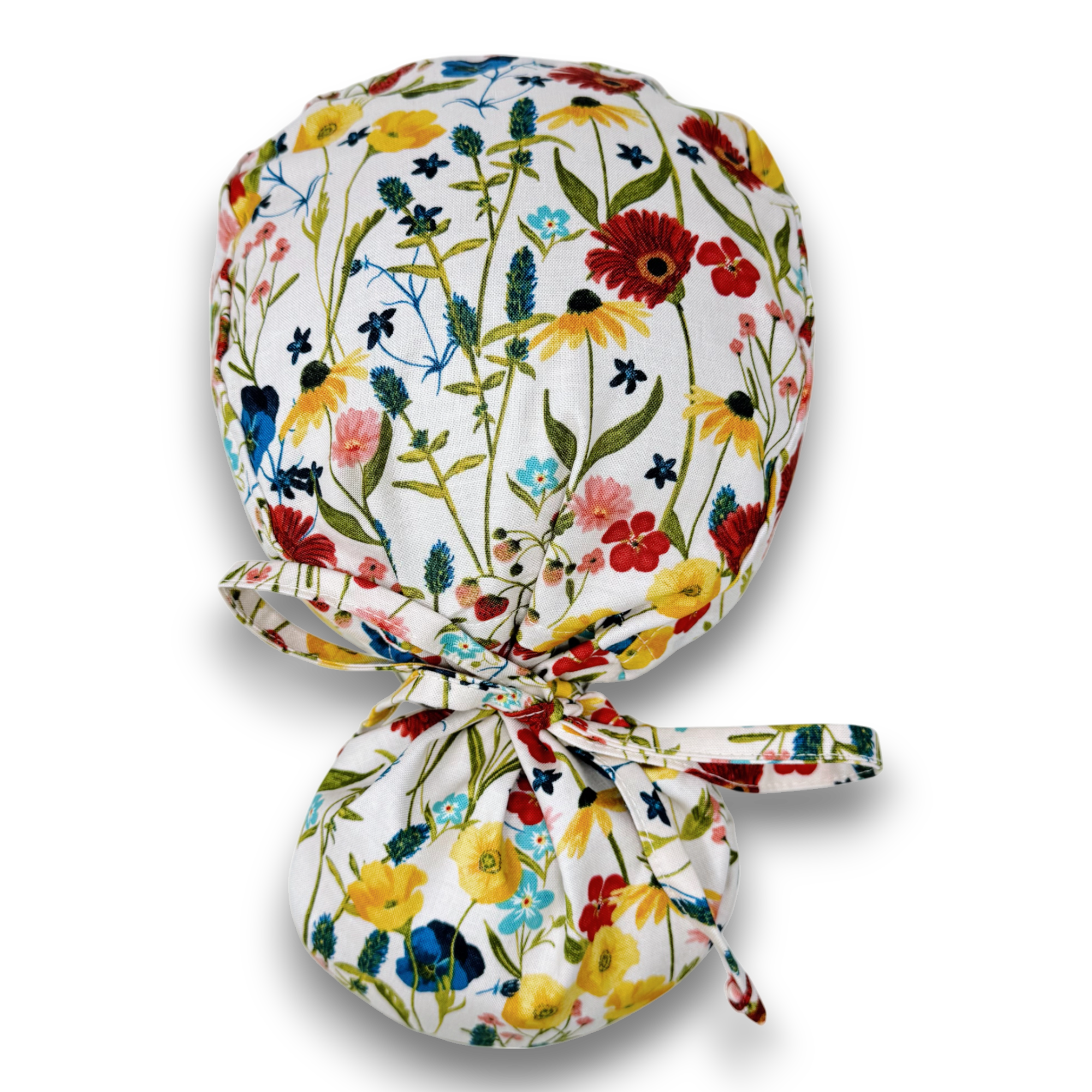 Red flower Ponytail scrub cap for women with satin lined option by Paradise Caps.