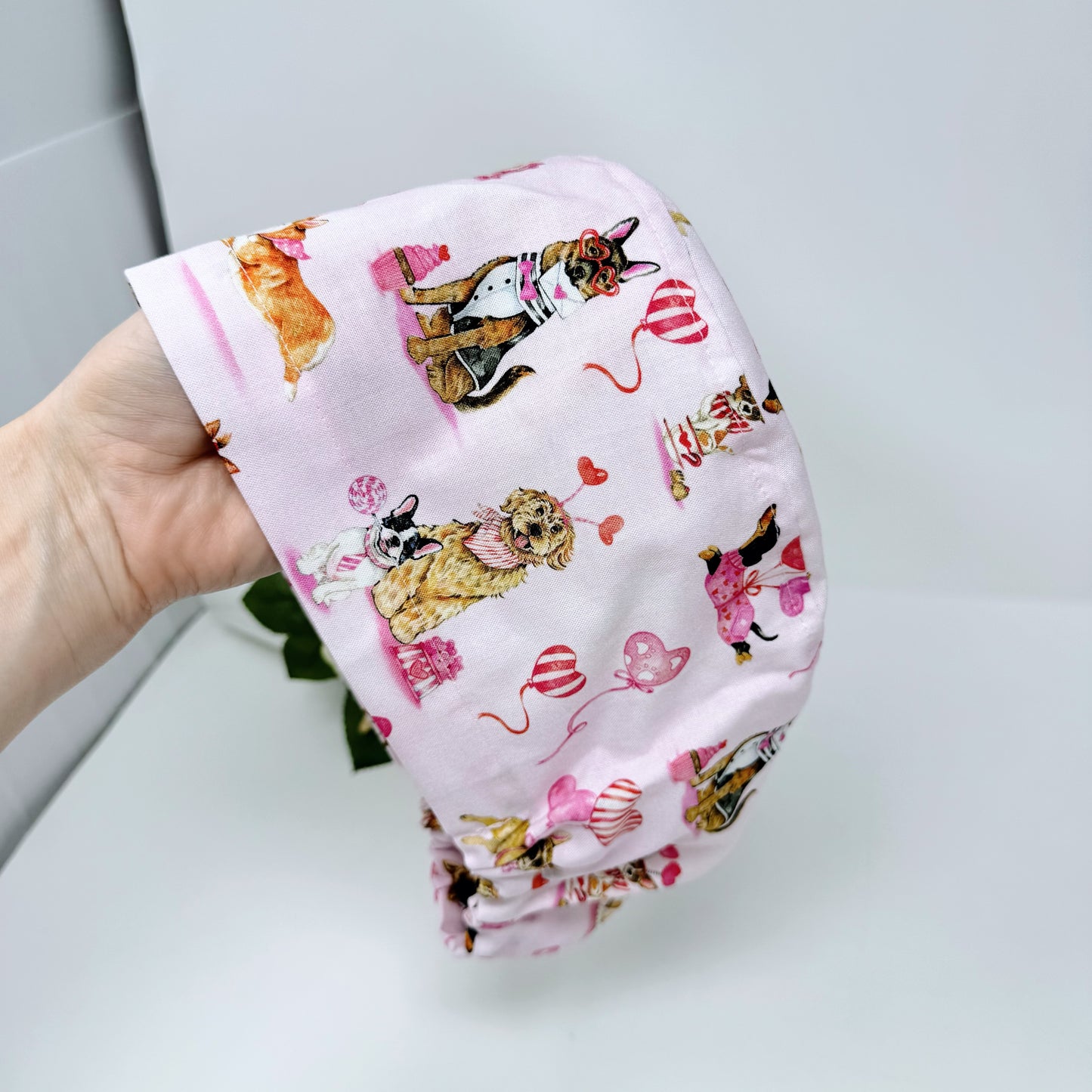 Dog Euro Scrub Cap for Women, Valentine's day Surgical hat with Satin Lined Option by Paradise Caps.