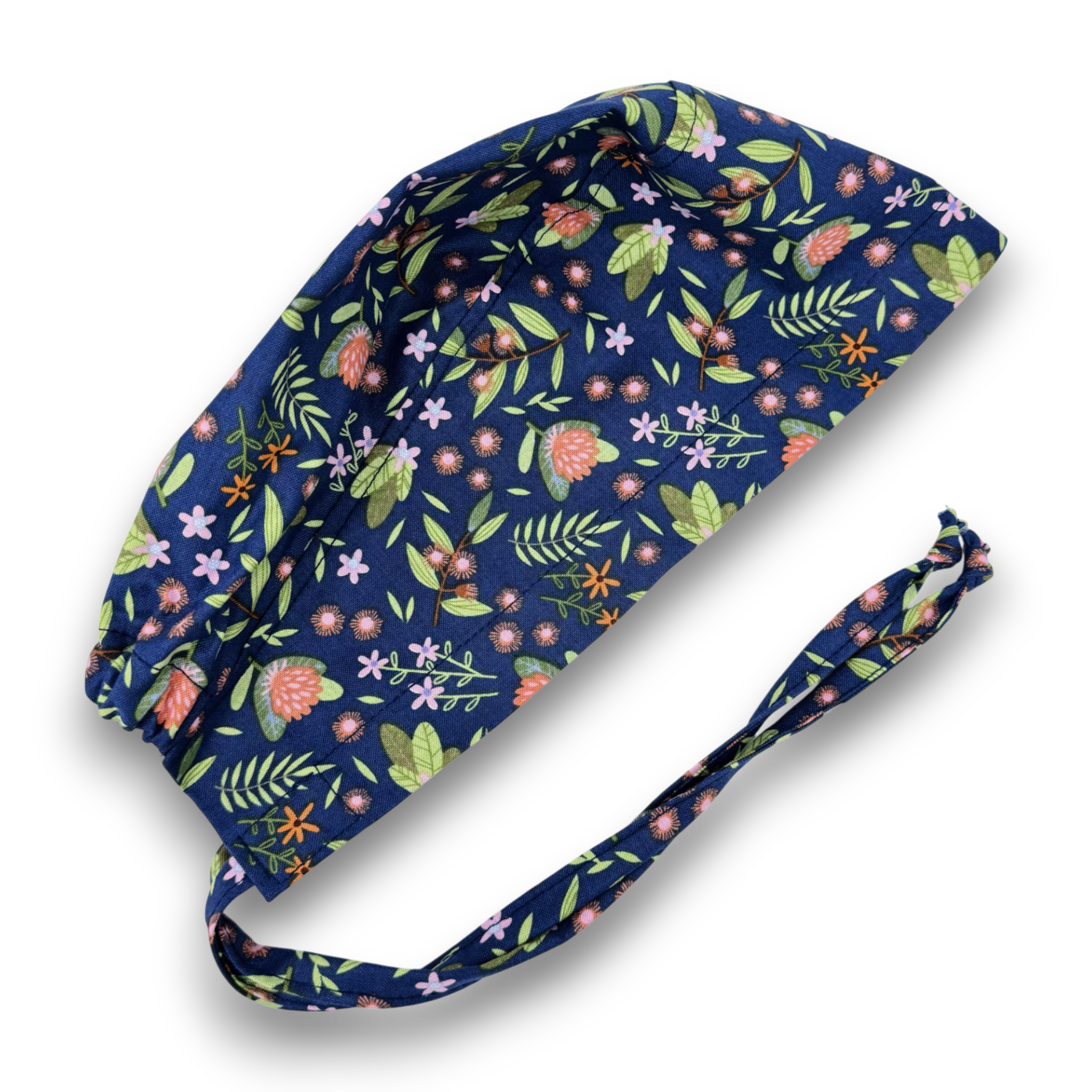 Floral Skull tie-back style surgical scrub cap by Paradise Caps. Navy