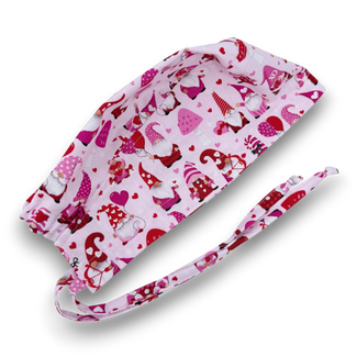 Men's surgical scrub cap. Valentine's day gnomes skull tie-back style scrub hat by Paradise Caps.