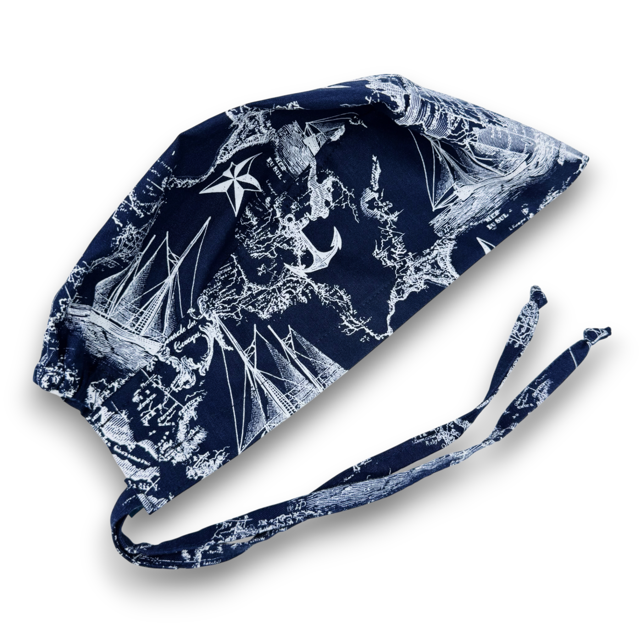 Ocean Cartography Skull tie-back style surgical scrub cap for men by Paradise Caps.