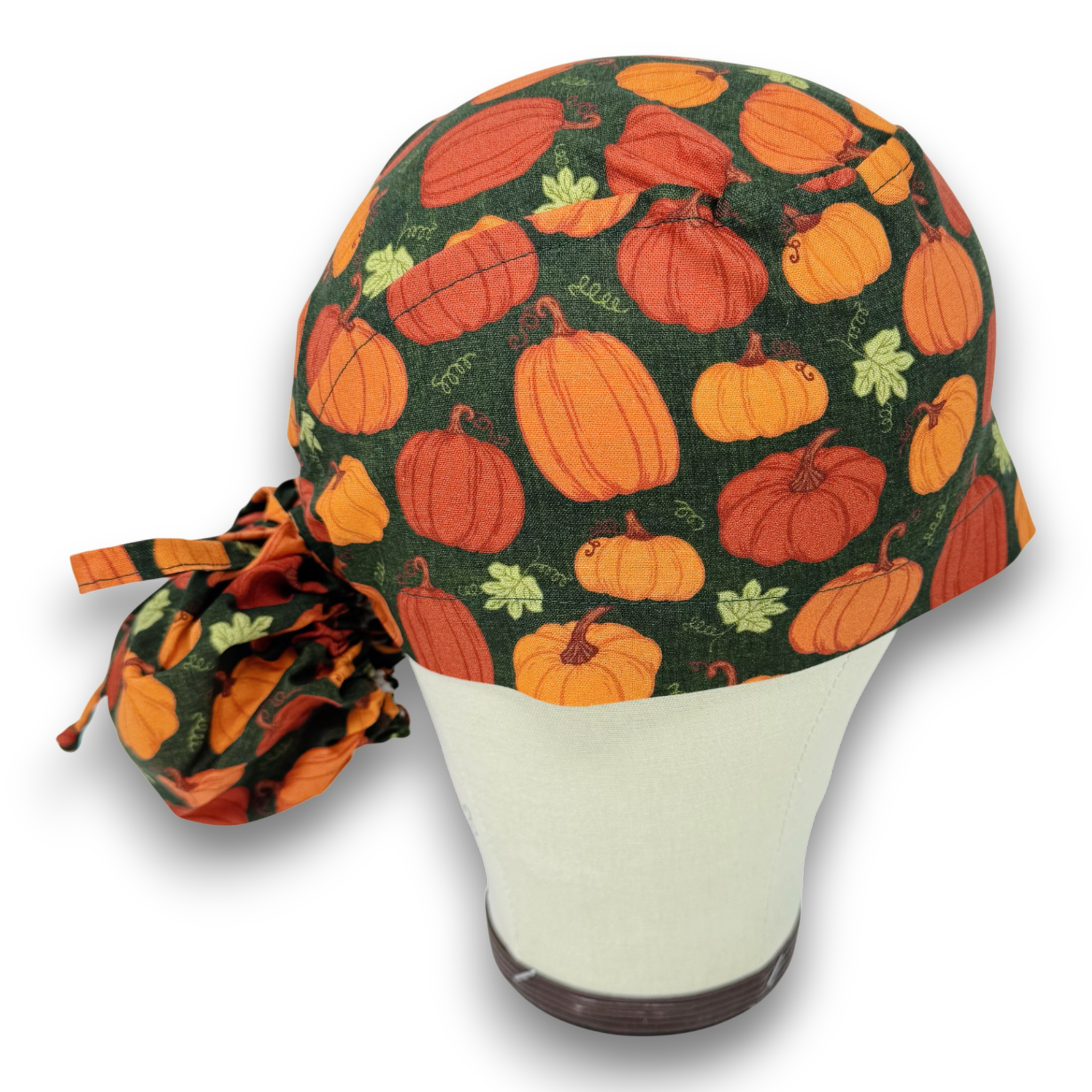 Dark Green Rustic Pumpkin Ponytail scrub cap for women with satin lined option by Paradise Caps.