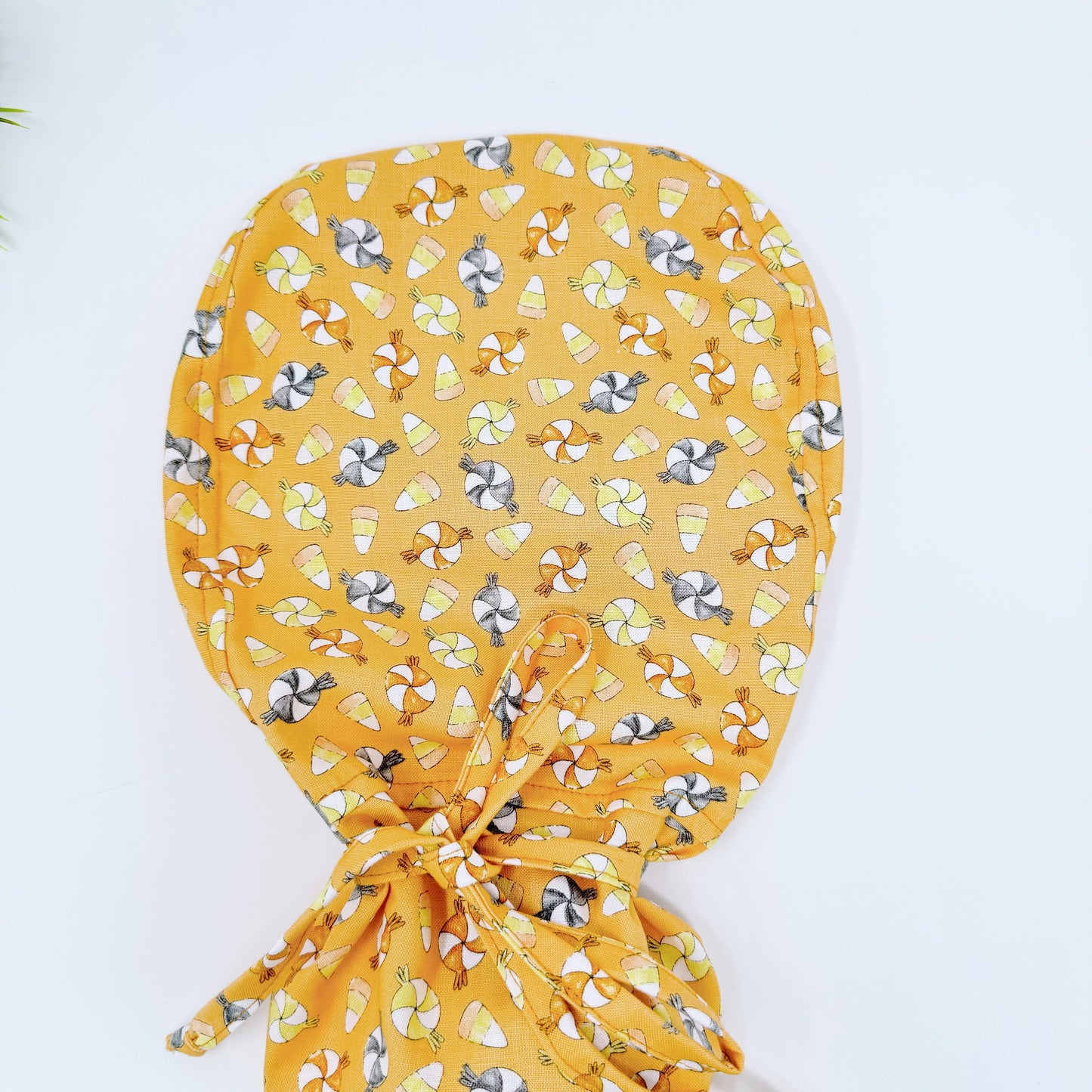 Candy Corn Ponytail scrub cap, Surgical cap women. Satin Lined Option Surgical cap with ponytail.