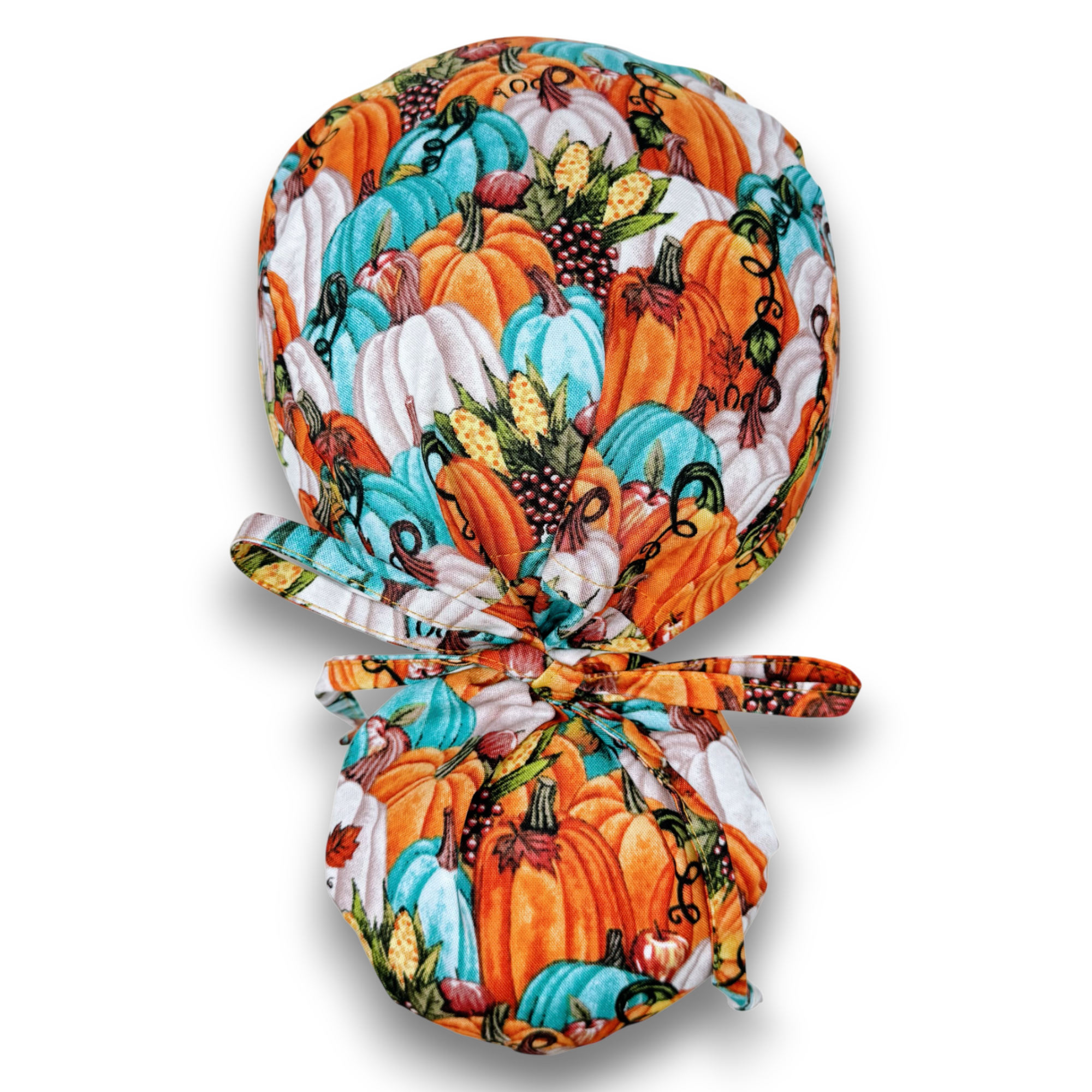 Thanksgiving Pumpkin Ponytail scrub cap for women with satin lined option by Paradise Caps.
