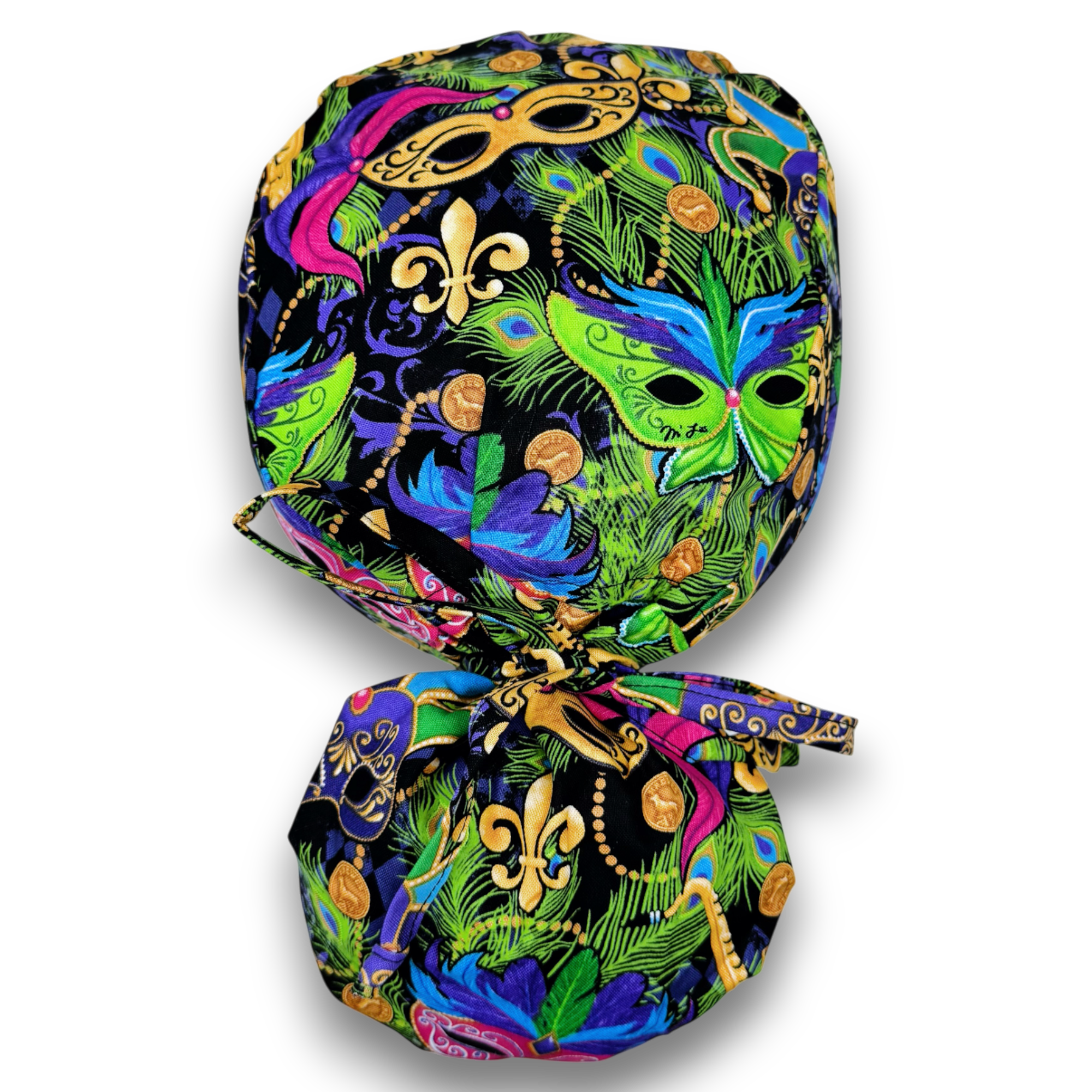 Mardi Gras Ponytail scrub cap for women with satin lined option by Paradise Caps.